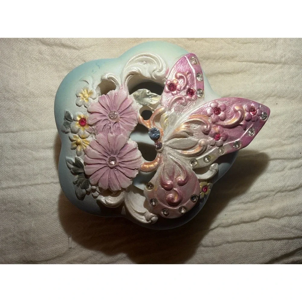 Pink and blue butterfly and floral and rhinestones trinket box 2